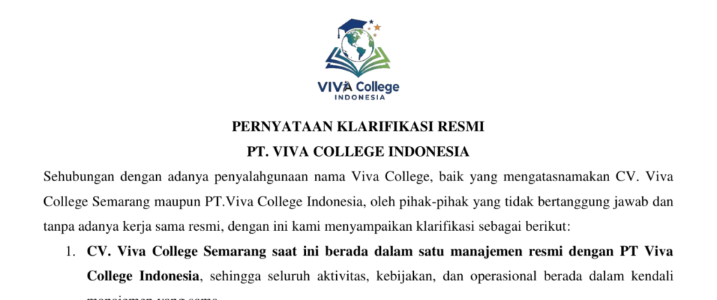 Klarifikasi PT. Viva College Indonesia