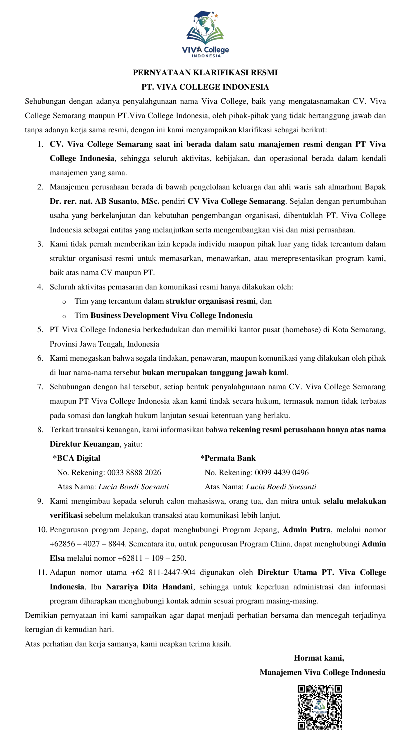 Pernyataan Klarifikasi Resmi PT Viva College Indonesia